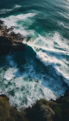 Wall Mural - Aerial view of ocean waves crashing on the shore, showcasing the vibrant blue water and white foam. The image captures the beauty and tranquility of the sea.