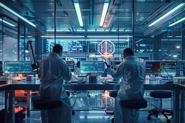 Canvas Print - Two scientists are working on a computer in a lab