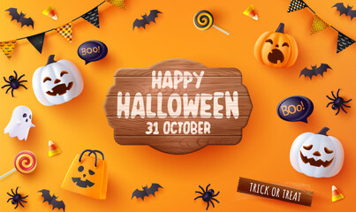 Wall Mural - Cute Halloween Poster or Banner Template with Halloween Pumpkins,Smiling Ghosts and Fun Decorations Featuring a Wooden Sign, Bats,Spiders,Candy and Other Halloween Elements for a Playful Celebration