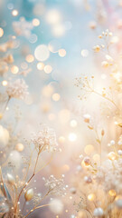 Wall Mural - Enchanted Garden: A dreamy, pastel-hued backdrop of delicate white flowers and shimmering bokeh, creating an ethereal and romantic atmosphere.  