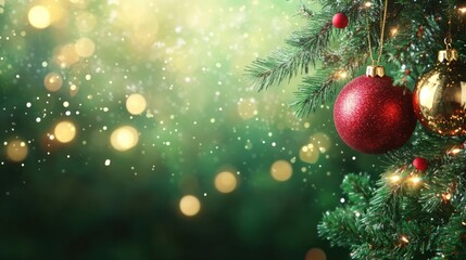 Wall Mural - Christmas, New years eve Green Background. Holiday Template with Christmas red and gold ball on fir tree and Glitter Bokeh. Panoramic classic header Web banner with copy space for design.