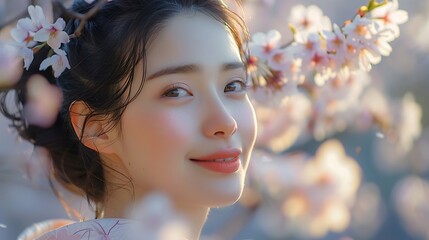 Japanese model enjoying cherry blossoms while using skincare serum, traditional kimono, soft morning light, serene and peaceful expression, hd quality, natural look, vibrant spring colors,