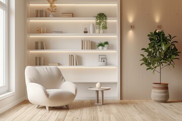 Poster - A white room with a white chair and a white bookshelf