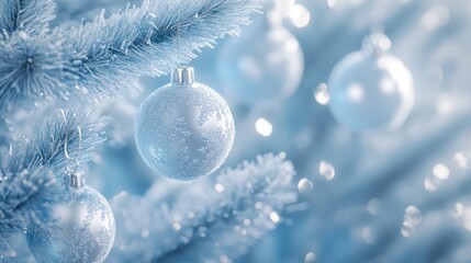 Wall Mural - close-up photography of christmas tree with balls, winter celebration background in white and blue t