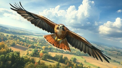 Canvas Print - Hawk Soaring Above Autumnal Landscape