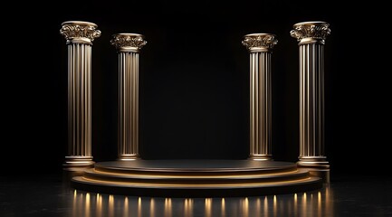 Wall Mural - Three golden pillars surrounding a round podium on a dark background.