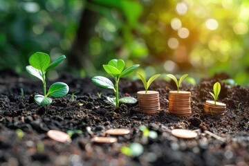 Canvas Print - A small plant is growing in the dirt next to a pile of coins