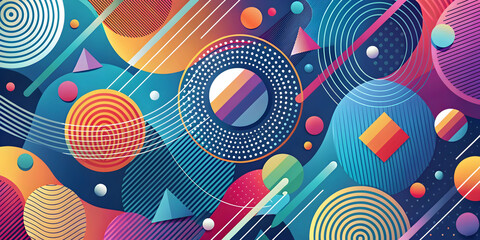 Wall Mural - Abstract Geometric Pattern: Vibrant colors and playful shapes collide in a dynamic, abstract design. Circles, triangles, and lines dance across a deep blue canvas, 