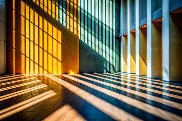 Poster - Sunlight Symphony: Modern architecture sings in a vibrant display of light and shadow, as golden rays dance across a spacious interior. 