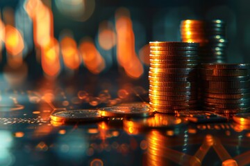 Sticker - A stack of coins on a table with a blurry background