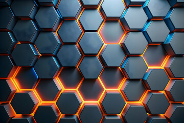 Cybernetic Honeycomb: A futuristic abstract background of glowing blue and orange hexagons on a dark metallic surface. 