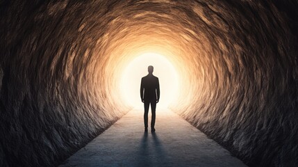 Wall Mural - a figure standing at the edge of a dark tunnel, looking towards a distant light, symbolizing the jou