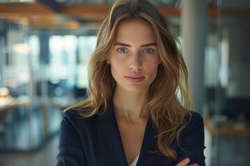 Business woman looking at the camera as she stands in an office, Generative AI