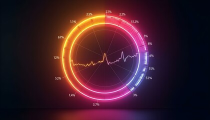 Wall Mural - colorful glowing circular graph frame with a heartbeat line, on a dark background