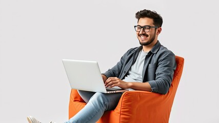 person with laptop isolated white background