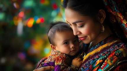 Tender moment between mother and child, capturing love and connection in a vibrant cultural setting.