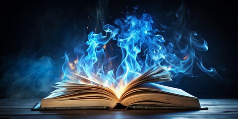 The Ancient Tome A Book Burning with Blue Flames on a Wooden Table, Enchanting Visions of Magic and Mystery