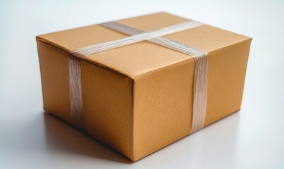 A brown cardboard box with a white ribbon tied around it