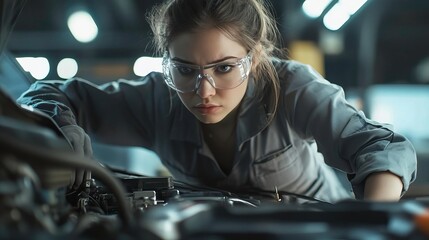 A focused mechanic inspecting an engine, wearing protective gear in a workshop environment, representing dedication and skill.