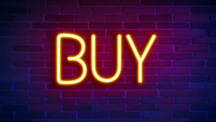 Wall Mural - neon backlit style of the word buy on a brick wall background