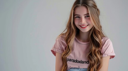 A cheerful girl with long hair wearing a pink ‘paradoxland’ T-shirt is smiling indoors, exuding an aura of happiness and positivity while posing against a simple background.