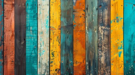 An eclectic collection of brightly painted, aged wooden planks showcases vivid colors and weathered textures, offering a vibrant, rustic aesthetic that exudes charm and creativity.