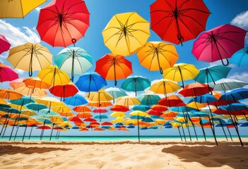 colorful cocktail umbrellas displayed bright beach setting clear blue skies sparkling ocean waves, seaside, tropical, sand, summer, drinks, vacation