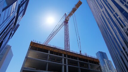 Construction Site with Tower Crane Against a Blue Sky