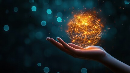 Wall Mural - Hand holding a glowing digital sphere, symbolizing interconnected networks and the digital ecosystem