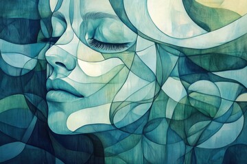 Wall Mural - Art Deco graphic depicting the process of releasing emotions, shades of blues and greens.