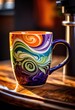 © Yaroslava - vibrant coffee mug displaying colorful latte art swirls patterns rich hues, cup, beverage, drink, foam, swirling, barista, espresso, ceramic, hot