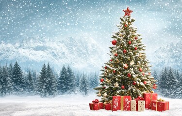 An authentic, live Christmas tree with wrapped presents is seen in front of a beautiful, snowy landscape with simple, natural, country-style Christmas decorations.