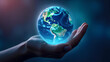 © Танюша Коновал - Hand holding a hologram of the Earth against a dark blue and purple background, with a banner providing a space for text, conveying a global business concept idea Generative AI