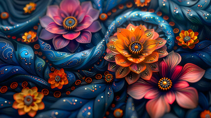 Wall Mural - 3D Floral Illustration with Blue, Orange, and Pink Flowers