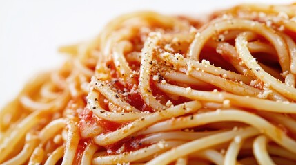 Wall Mural - 3D close-up of delicious drunken spaghetti, showcasing the savory sauce and fresh ingredients, against a crisp white background, no people.