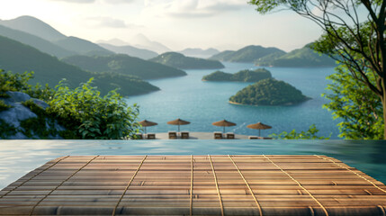 Wall Mural -  Bamboo mat overlooking a serene infinity pool with island views. Copy space. Generative AI	