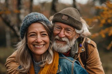 woman man outdoor senior couple happy lifestyle retirement together smiling love fun elderly active vitality nature mature portrait piggyback game, Generative AI