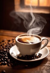 steaming cup hot coffee nestled among scattering dark coffee beans creating warm inviting scene, barista, espresso, latte, mocha, brew, grounds, aroma