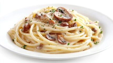 Wall Mural - 3D close-up of delicious spaghetti carbonara with mushrooms, featuring the creamy sauce and tender pasta, isolated on a crisp white background, no people.