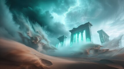 Wall Mural - Craft an awe inspiring image of a surreal desert landscape during a sandstorm, with mystical glyphs glowing on ancient ruins half buried in the shifting sands.