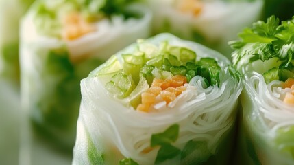 Wall Mural - 3D close-up of delicious Vietnamese food, such as pho or spring rolls, with a focus on the textures and vibrant colors against a white background, no people.