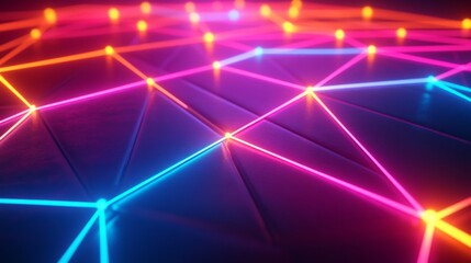 Wall Mural - Abstract Neon Lines and Glowing Dots, 3D Render, Geometric Shapes, Colorful Lights, Abstract Background, Neon Art, Digital Art