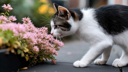 A black and white cat sniffing pink flowers outdoors, focusing on the blooms.