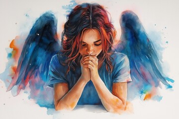 watercolor praying angel, dreamy ethereal atmosphere