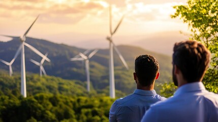 two men stand overlooking a field of wind turbines, symbolizing a sustainable future.