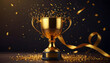 © MDNAJIMODDIN - Champion trophy cup with falling confetti and streamers background. Generative AI