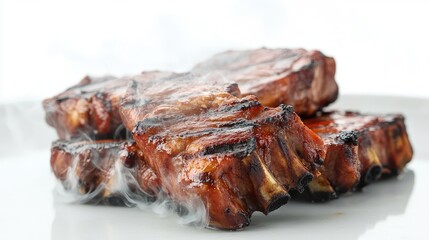 3D close-up of grilled pork with hot smoke rising, showcasing the juicy, charred texture of the meat against a clean white background, no people.