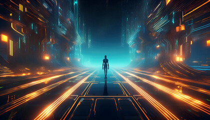 Wall Mural - Cyberpunk-inspired scene with glowing blue and orange lights.