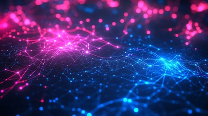 Digital Network Abstract with Pink and Blue Lights, 3D Render, Network, Technology, Connection
