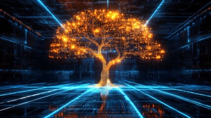 Wall Mural - Digital Tree of Knowledge Growing in the Cyberspace, 3D Render, Network, Technology, Data